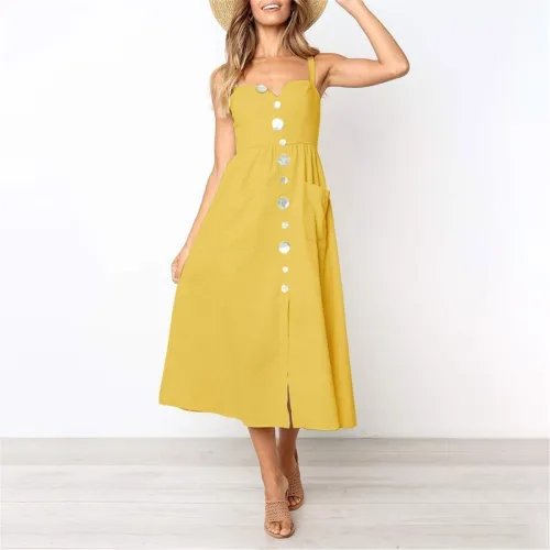 Fashion Off Shoulder Plain Button Embellished Vacation Dress