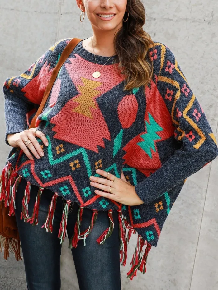 Multicolor Long Sleeve Tribal Fringed Cotton-Blend Sweaters