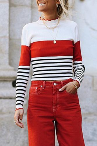 Striped Contrast Round Neck Lotus Leaf Knit   Sweater