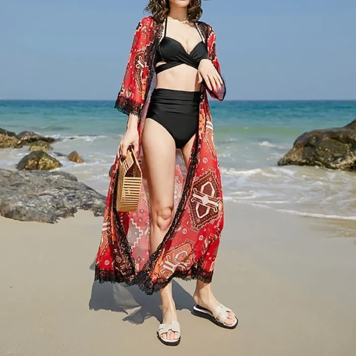 Lace Splicing Chiffon Long Suntan Cardigan