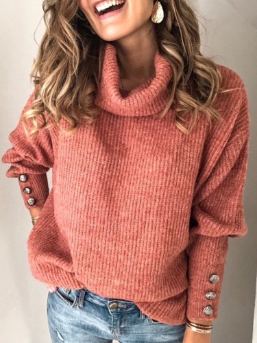 Plain Turtleneck Buttoned Casual Sweaters