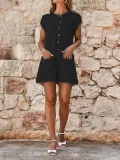Round Neck Short Sleeve Plain Patch Pocket Playsuits Jumpsuits