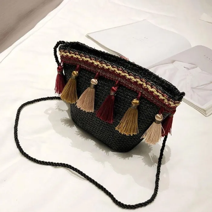 Women Tassel Straw Basket Bag Daytime Beach Shoulder Bags