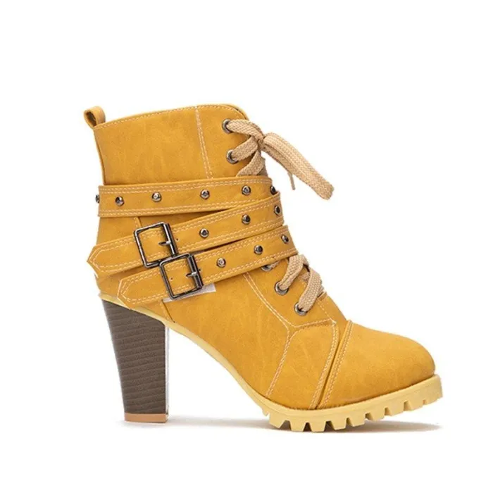 Women Lace Up Booties Casual Comfort Chunky Heel Shoes