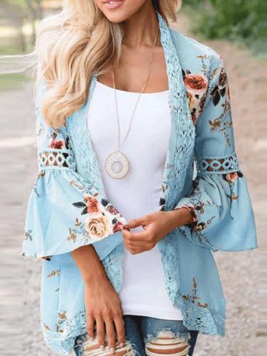 Lace Splicing Flare Sleeves Floral Cardigan
