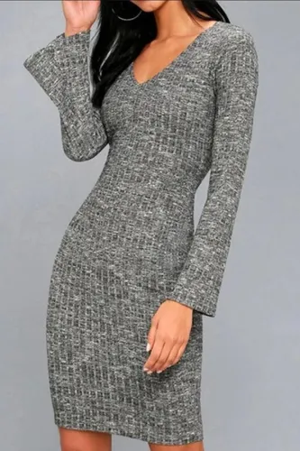 Sexy V Neck Pure Colour Long Sleeve Bodycon Dresses