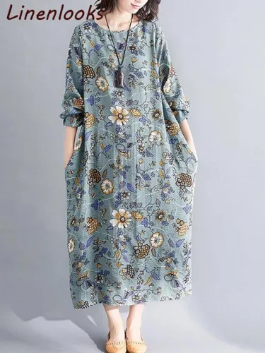 Autumn cotton linen vintage floral long sleeve women loose dress