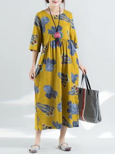 Floral Printed Short Sleeve Cotton&Linen Maxi Dress