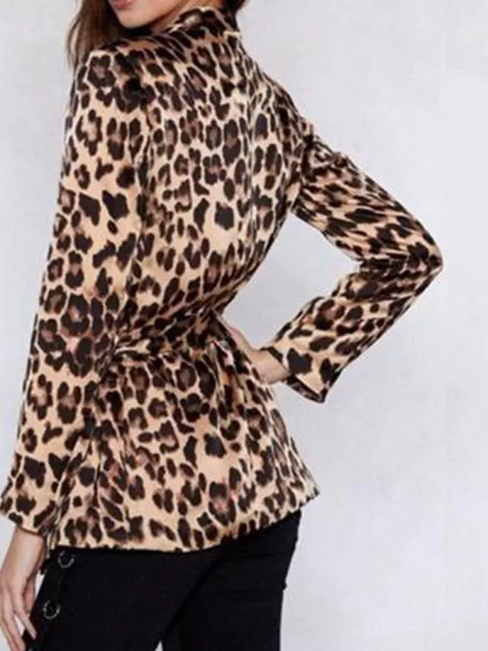 Fashion Leopard Print Long Sleeve Belt Coat