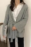 Fashion Loose Pure Colour Belted Sweater Cardigan