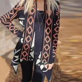 European And American Printing Irregular Hem Cardigan