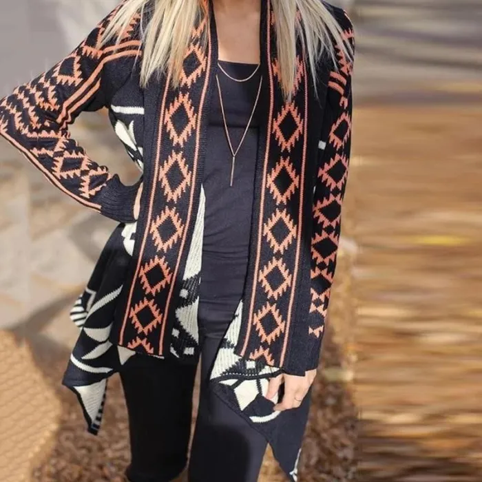 European And American Printing Irregular Hem Cardigan
