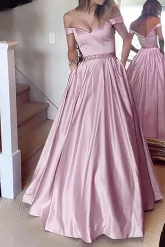 Fashion Off-Shoulder Pure Colour Evening Dress