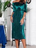 Off Shoulder  Backless Elastic Waist Ruffled Hem  Plain Evening Dresses