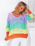 Multicolor Color-Block Striped Eyelet Long Sleeve Sweaters