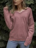 Long Sleeve Solid V Neck Knitted Sweaters