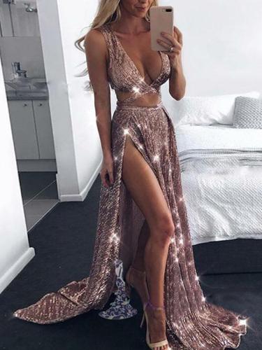 Sexy Deep V Split Gold Silk Sling Evening Dress
