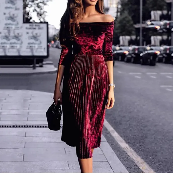 Off Shoulder  Backless Elastic Waist Ruffled Hem  Plain Evening Dresses