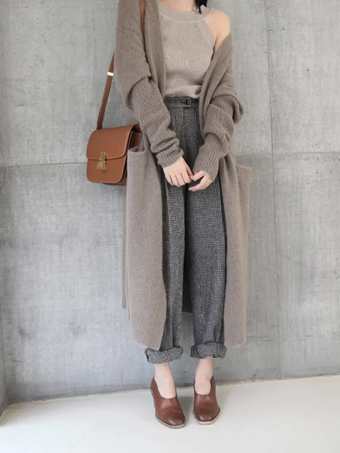 Women Knitted Long Sleeve Open Front Long Maxi Cardigan