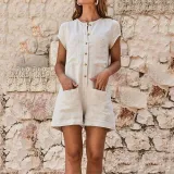 Round Neck Short Sleeve Plain Patch Pocket Playsuits Jumpsuits