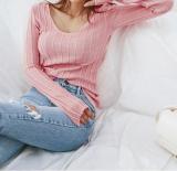 Casual Sexy Slim   Simple Pure Color Knitted Sweater Blouse