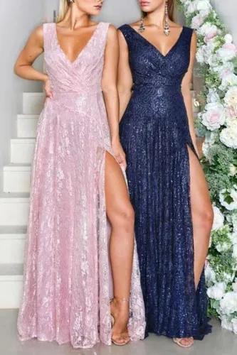Sexy Deep V Sleeveless Slit Evening Dress