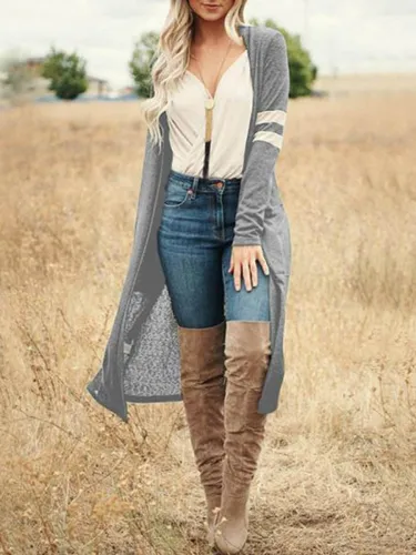 Loose Pure Color Stripes Long Sleeve Cardigan With Pockets