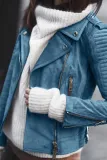 Fold Over Collar  Zipper  Plain Jackets