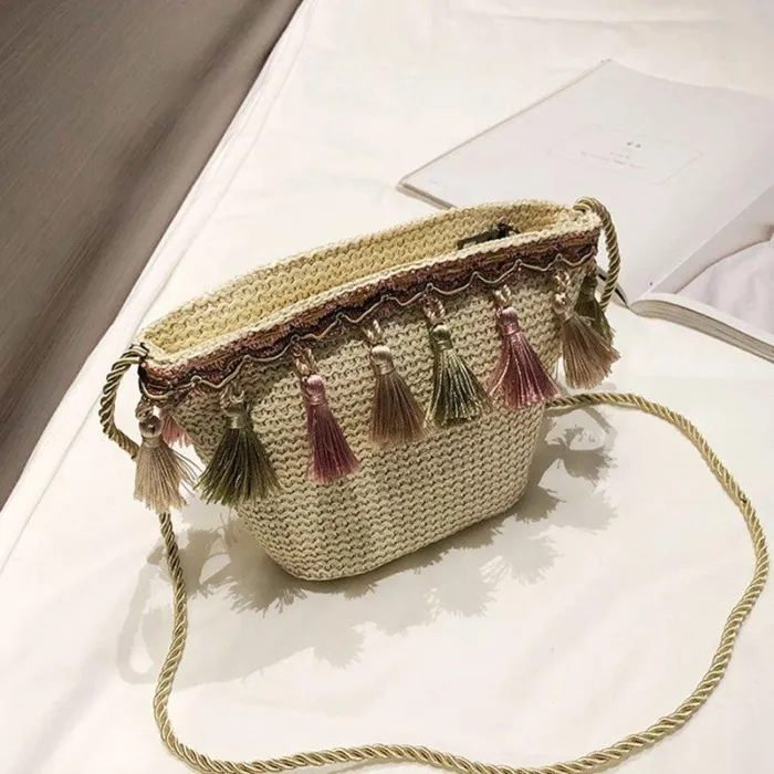 Women Tassel Straw Basket Bag Daytime Beach Shoulder Bags