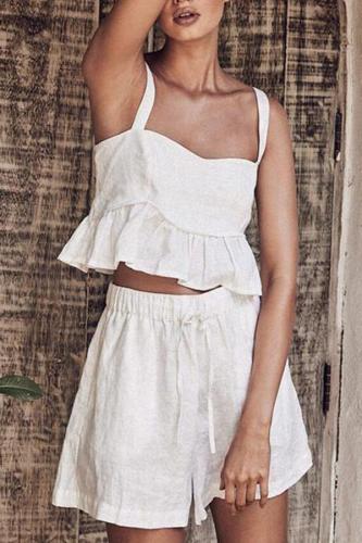 Solid Color Cotton And Linen Sleeveless Vest Top Shorts Suit