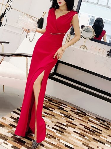 Fashion Elegant V Neck Pure Colour Sling Evening Dress