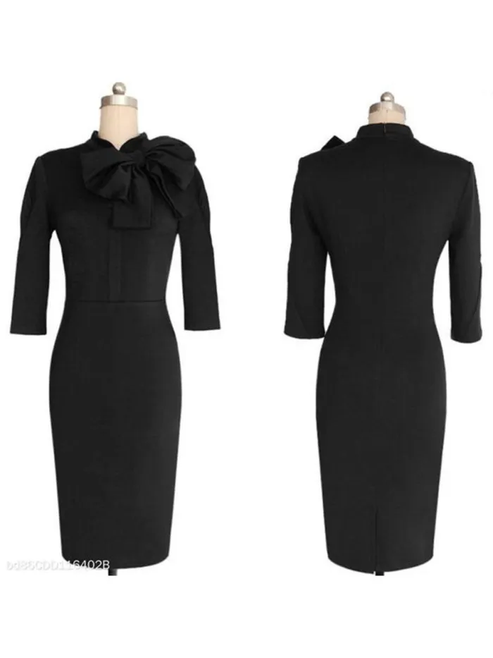 Elegant Round Neck Bow Slim Bodycon Dress