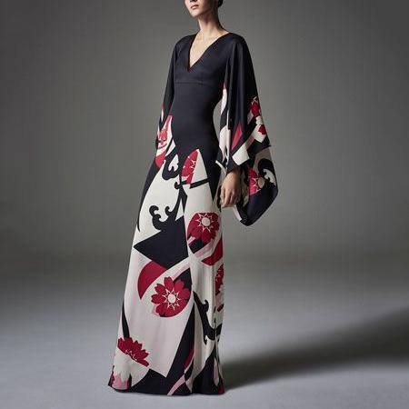 Elegant Fashion Slim Floral V Collar Flare Long Sleeve High Waist Maxi Evening Dress