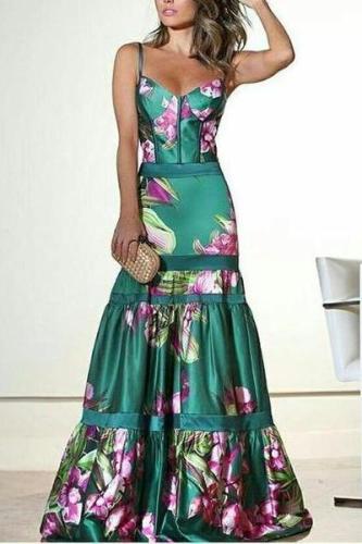 Fashion Sexy Floral Plunge Ruffles Layered Hem Evening Dress Fishtail Dress