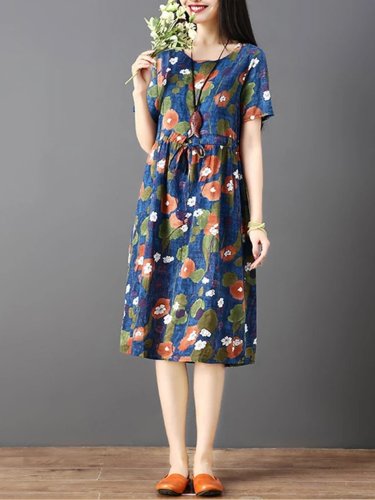 Vintage Print Abstract Short Sleeve Loose Casual Dress