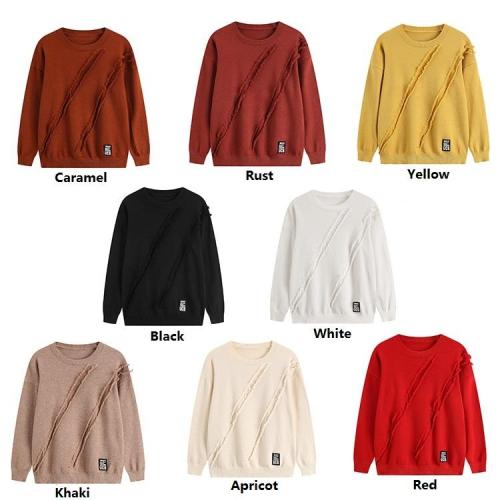 Handmade Frayed Round Neck Knitted Solid Long Sleeve Sweaters