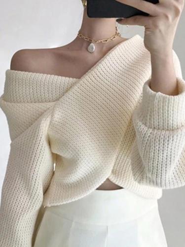 Single-Shoulder Solid-Color Long-Sleeved Sweater