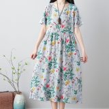 Women's  Fashion floral Print  O-neck maxi Dresses