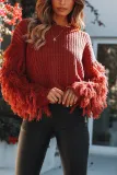 Fashion Round Collar Tassels Long Sleeves Plain Knitting Sweater
