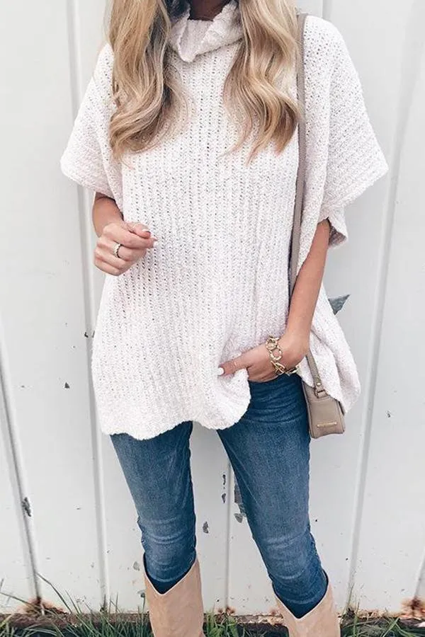 Turtle Neck Half Sleeve Loose Fashion Plain Knitting Sweaters
