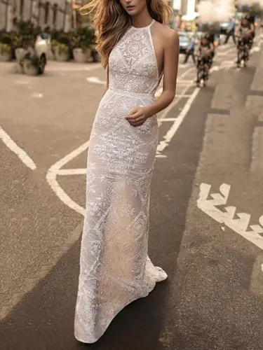 Sexy Sleeveless Bare Back Halter Maxi Dresses