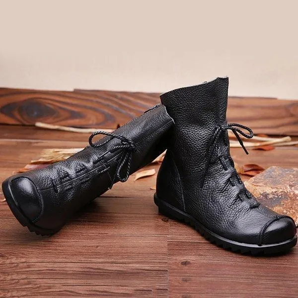 Big Size Pure Color Lace Up Ankle Leather Comfortable Zipper Boots