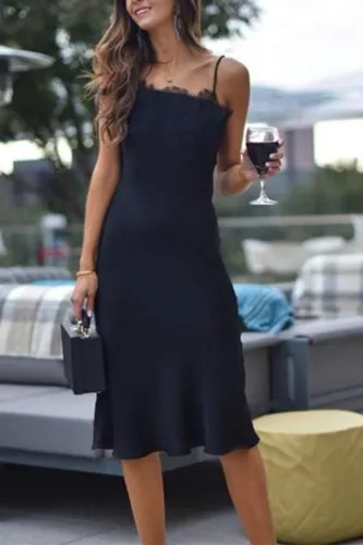 Elegant Lace Splicing Sling Pure Colour Bodycon Dresses