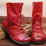 Big Size Pure Color Lace Up Ankle Leather Comfortable Zipper Boots