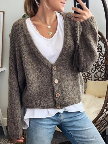 Cotton-Blend Long Sleeve Plain V Neck Outerwear