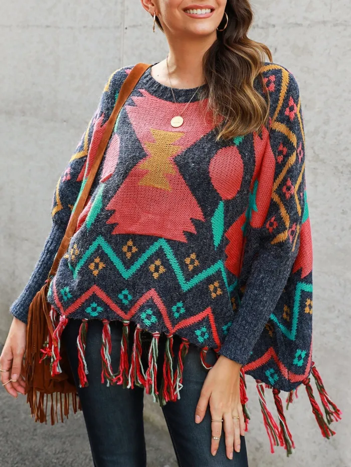 Multicolor Long Sleeve Tribal Fringed Cotton-Blend Sweaters