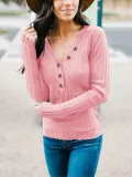 V Neck Casual Buttoned Solid Sweatershirt