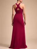 Fashion Bare Back Across Sleeveless Pure Colour Evening Dress