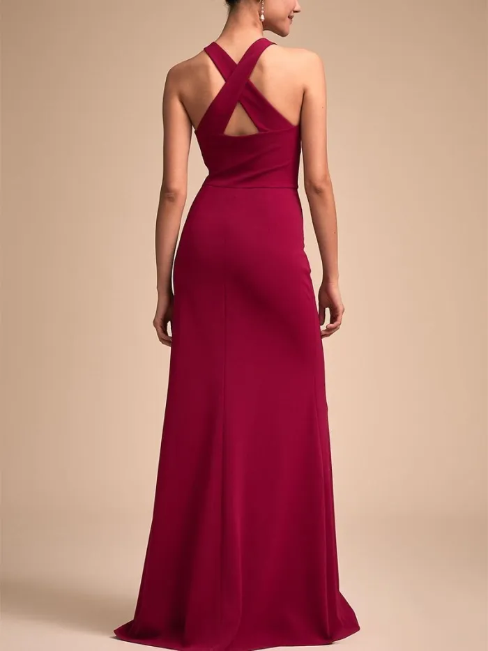 Fashion Bare Back Across Sleeveless Pure Colour Evening Dress