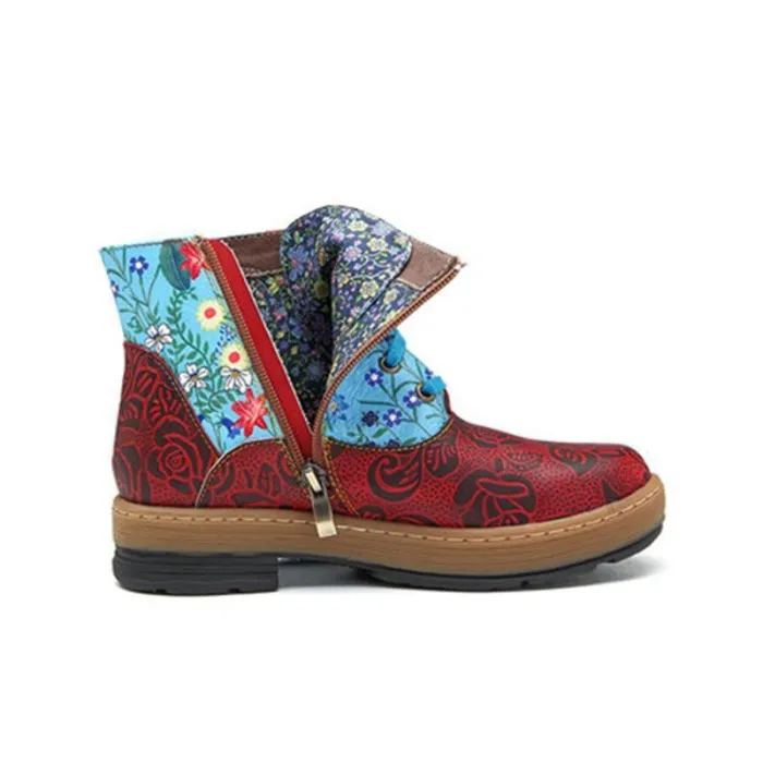 Ethnic style flower flat with zipper boots